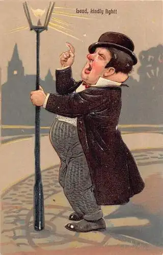 L056 Blei, freundliches Licht! Karikatur Humor geprägte Vintage Postkarte