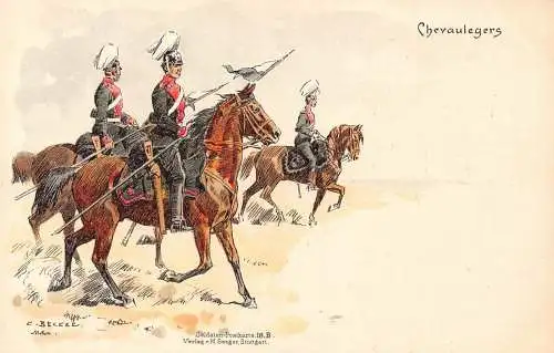 L059 Deutschland Ritter Kavallerie Becker signiert Litho Vintage Postkarte