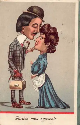 L058 Paar Großer Kopf 1909 Karikatur Comic Humor Prägepostkarte