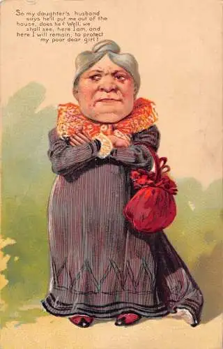 L056 Schwiegermutter Großer Kopf Karikatur 1905 Humor geprägt Vintage Postkarte