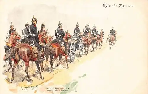 L059 Deutschland Artillerie Reiten Pferde Becker signiert Litho Vintage Postkarte