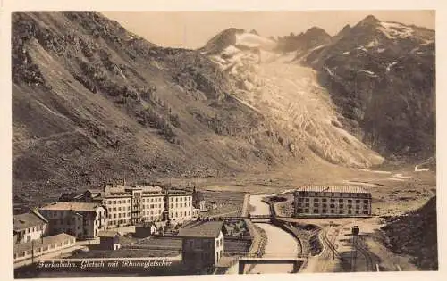 A180 Schweiz Furkabahn Gletsch mit Rhonegletscher Eisenbahn Vintage Postkarte