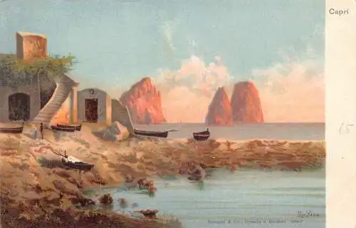 A182 Italien Capri Meer Klippen Blick Fischerboote signiert LaPiza Kunst Postkarte