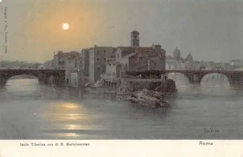 A181 Italien Roma Rom Isola Tiberina ora di S Bartolommeo Mondschein Postkarte