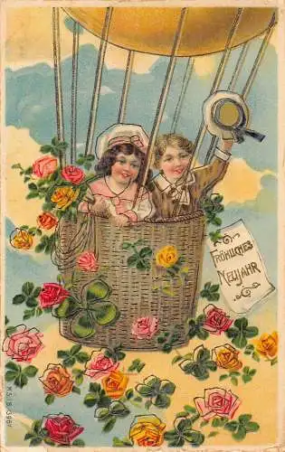 L395 Neujahrsgrüße 1908 Kinder Heißluftballon Rosen Prägepostkarte