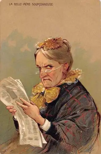 L395 Schwiegermutter liest Zeitung Comic Humor 1905 geprägte Postkarte