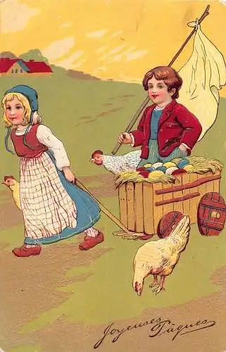 L395 Ostergrüße 1908 Kinder Hühnereier geprägt Vintage Postkarte