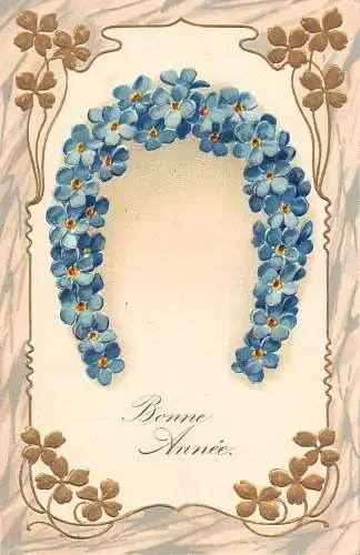 L395 New YeGreetings 1908 Hufeisen Vergissmeinnicht Glück Kleeblatt Blumen Postkarte