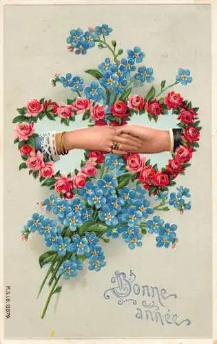 L395 Neujahrsgrüße Hände über Herzen Rosen Blumen geprägt Postkarte
