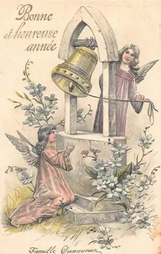 L395 Neujahrsgrüße 1905 Engel Glocke Blumen geprägt Vintage Postkarte