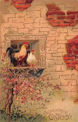 L395 Ostergrüße 1918 Hahn Henne geprägt Vintage Postkarte