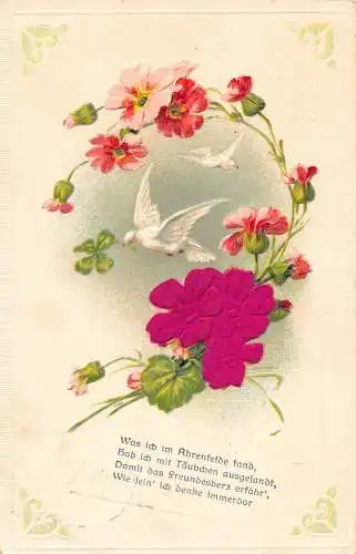 L395 Grüße 1913 Rosen Seidenblumen weiße Tauben Kleeblatt geprägt Postkarte