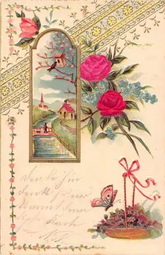 L395 Grüße 1902 Seidenrosen Blumen Schmetterling Sprin geprägt Vintage Postkarte