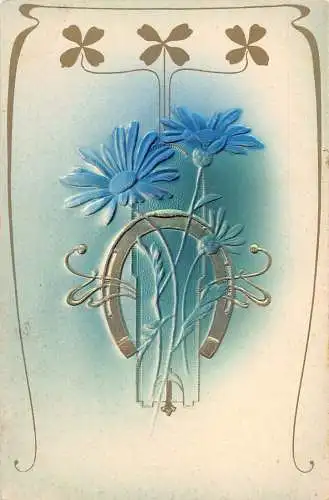 L395 Neujahrsgrüße 1906 Hufeisen Glück Kleeblatt Blumen geprägte Postkarte