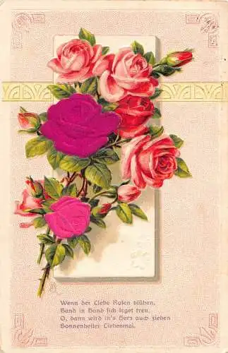 L395 Grüße 1914 Rosen Seidenblumen Gedicht Prägepostkarte