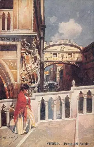 A011 Italien Venezia Ponte dei Sospiri Brücke Gemälde signiert Vintage Postkarte