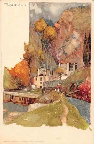 A010 Italien Toscolano Landschaft Künstler Karte signiert ungeteilt Vintage Postkarte