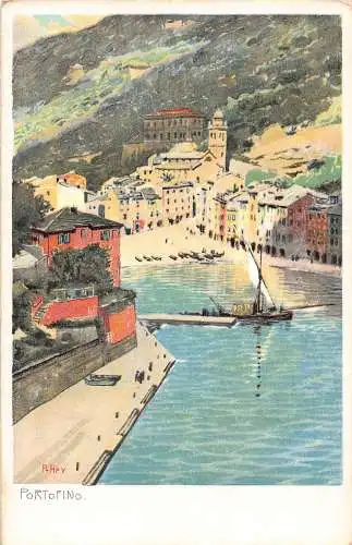A010 Italien Portofino Segelboot Künstlerkarte signiert Paul Hey Vintage Postkarte