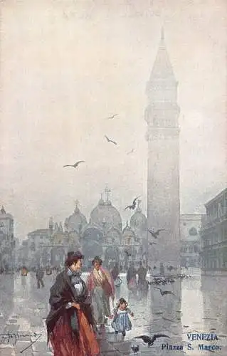 A011 Italien Venezia Piazza San Marco Künstler Mädchen Karte signiert Vintage Postkarte