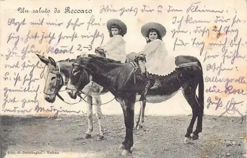 L414 Italien 1905 Bozen Recoaro Mädchen reiten Eseln Postkarte