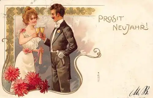 L414 Neujahrsgrüße 1900 Bozen Jugendstil Paar Blumen Postkarte