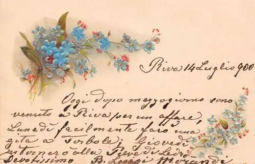 L414 Liebe Grüße 1900 Riva Italien Blumen geprägt Postkarte