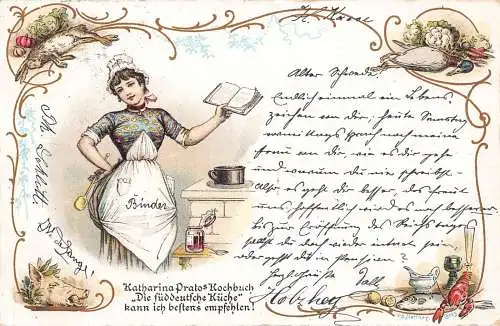 L414 Katharina Prato Kochbuch 1898 Kaninchen Schweine Hummer Entenfutter Litho Postkarte