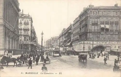 A009 Frankreich Marseille La Cannebiere Cafe Glacier Coiffeur Rentes Hotel Postkarte