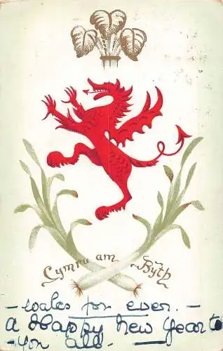 A771 Wales 1904 Lymru am Ryth Dragon Coat of Arms Vintage Postkarte