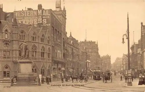 A776 Wales Cardiff St Mary's Street Straßenbahn Kutsche Western Post Schild Postkarte