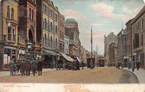 A777 Wales Cardiff High Street Shops Straßenbahnen Vintage Postkarte