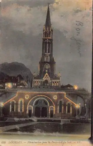 A779 Frankreich Lourdes 1919 Kirche Beleuchtung Prozession du Soir Vintage Postkarte