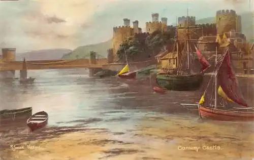 A791 Wales Conwy Conway Castle Segelboote Brücke Vintage Postkarte