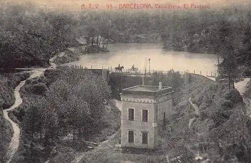 A795 Spanien Barcelona Vallvidrera El Pantano Staudamm Reiter reiten Vintage Postkarte