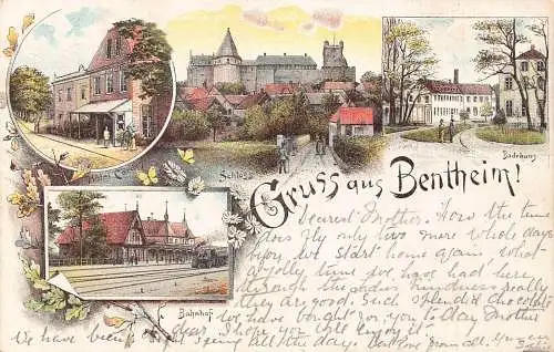 A797 Deutschland 1896 Gruss vom Bentheim Hotel Cordes Bahnhof Litho Postkarte