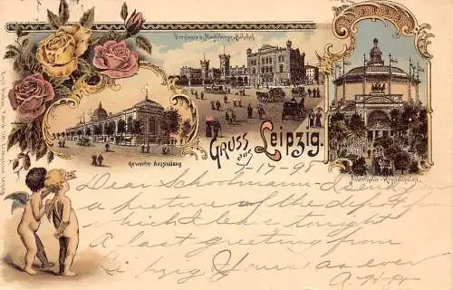 A797 Deutschland 1898 Gruss aus Leipzig Cherubs Rosen Bahnhof Litho Postkarte