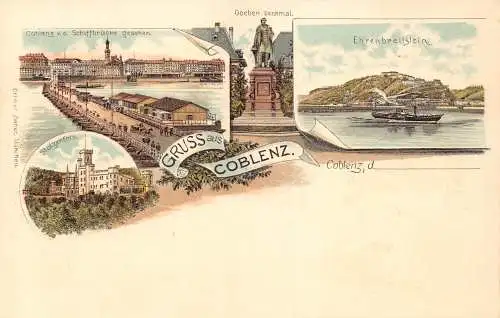 A797 Deutschland Gruss aus Koblenz Dampfer Goeben Denkmal Burg Litho Postkarte