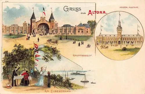 A797 Deutschland Gruss aus Altona Kaiserl Postamt Bahnhof Hafen Litho Postkarte