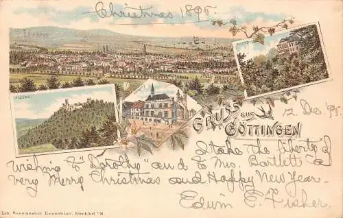 A797 Deutschland 1895 Gruss aus Goetingen Blumen Vogel Rathaus Litho Postkarte