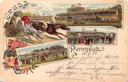 A797 Deutschland 1899 Gruss vom Rennplatz Pferderennen Hufeisen Blumen Litho Postkarte