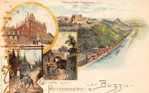 A797 Deutschland 1905 Gruss vom Petersberg a Rh Hotel Zug Blumen Litho Postkarte