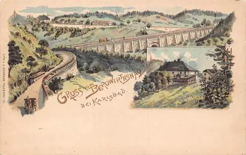 A797 Deutschland Gruss vom Bergwirthshaus bei Karlsbad Brücke Häuschen Litho Postkarte