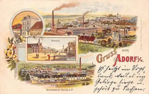 A797 Deutschland Gruss aus Adorf iV Hotelfabrik Kunstweberei Clavie Litho Postkarte