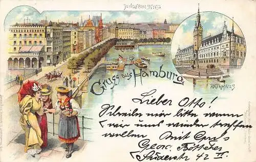 A797 Deutschland 1900 Gruss aus Hamburg Rathaus Jungfernstieg Litho Postkarte