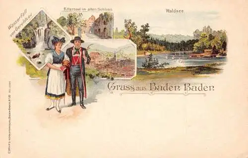 A798 Deutschland Gruss aus Baden Baden Volkspaar Burg Litho Postkarte