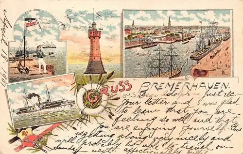 A798 Deutschland 1901 Gruss aus Bremerhaven Dampfschiff Leuchtturm Litho Postkarte