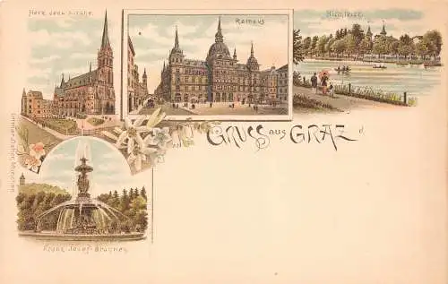 A798 Deutschland Gruss aus Graz Edelweiß Rathaus Brunnen Litho Postkarte