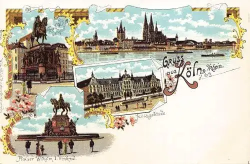 A798 Deutschland Gruss aus Köln a Rh Denkmal Blumen Justzgebaude Litho Postkarte
