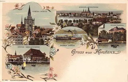 A798 Deutschland Gruss aus Konstanzer Dom Dampfschiff Schloss Blumen Litho Postkarte