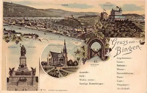 A798 Deutschland Gruss aus Bingen Nationaldenkmal Hotel Rochusberg Litho Postkarte